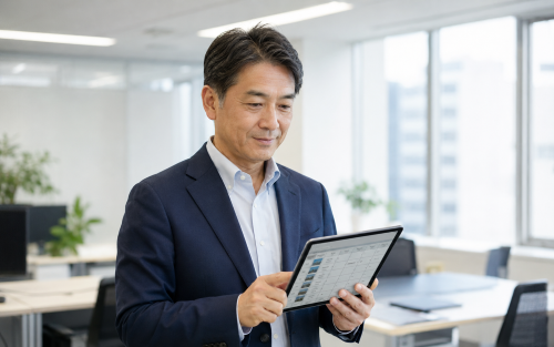 大手ビル管理会社の管理部門マネージャーがタブレットで報告書を確認している様子