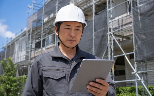 修繕工事会社の現場監督がタブレットで施工記録を確認している様子