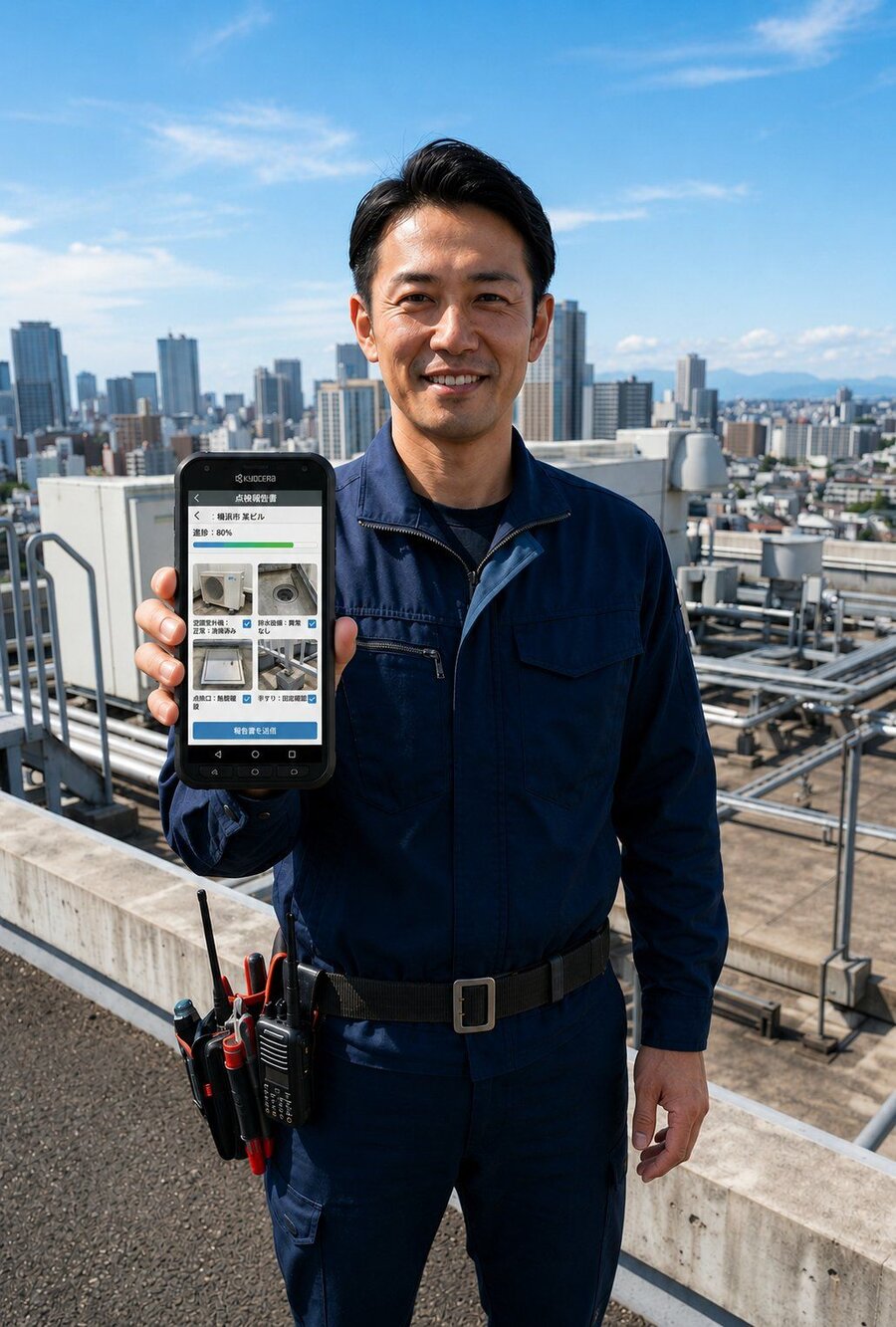 ビル屋上で点検作業中の作業員がスマホでRaccoonアプリを起動しているシーン